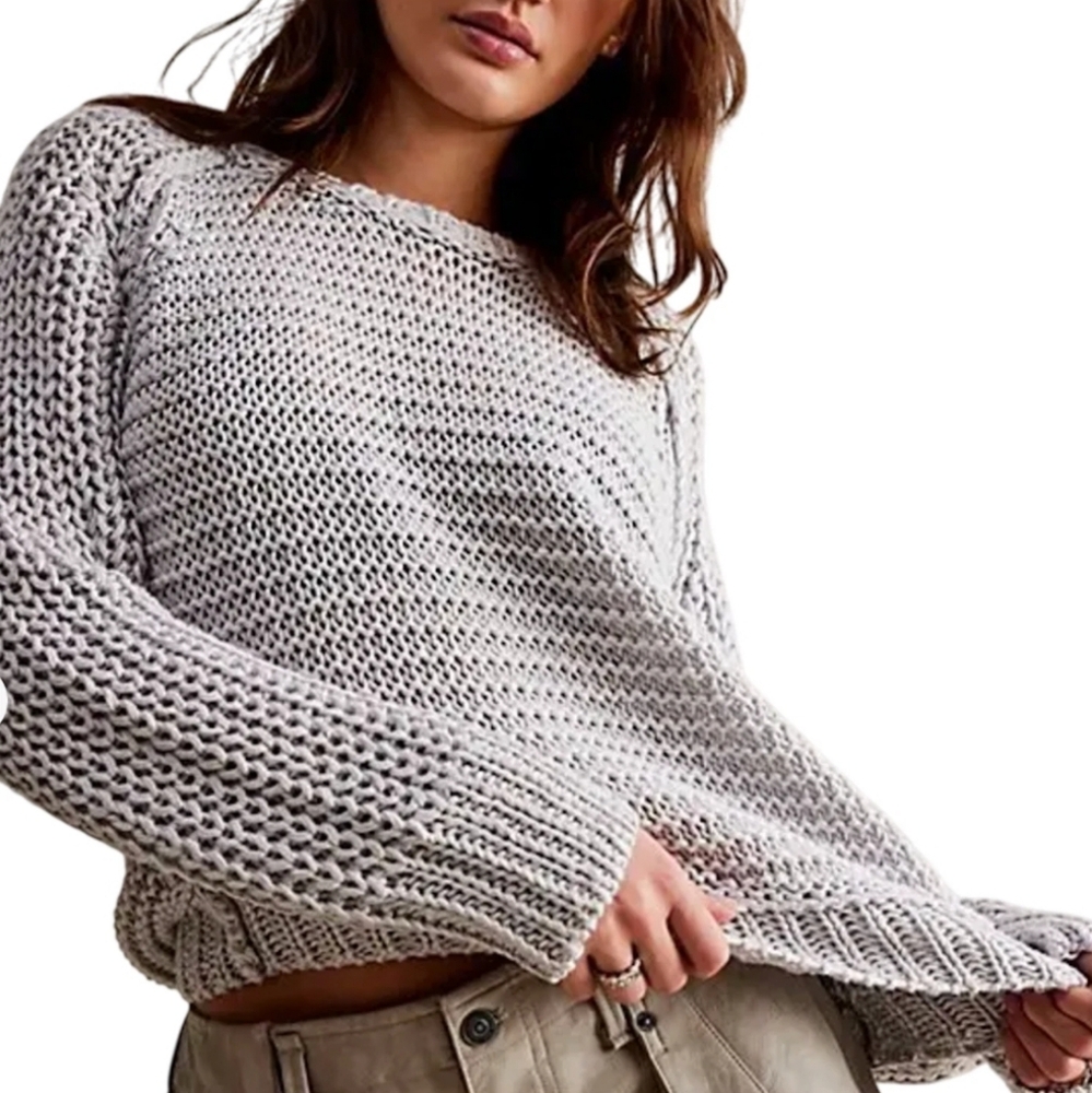 We The Free Textured Knit Linen Crew Sweater in Light Gray Size‎ Small